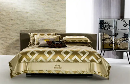 Gold and cream geometric patterned satin egyptian cotton bedding set with subtle embroidered decorbites american jacquard logo
