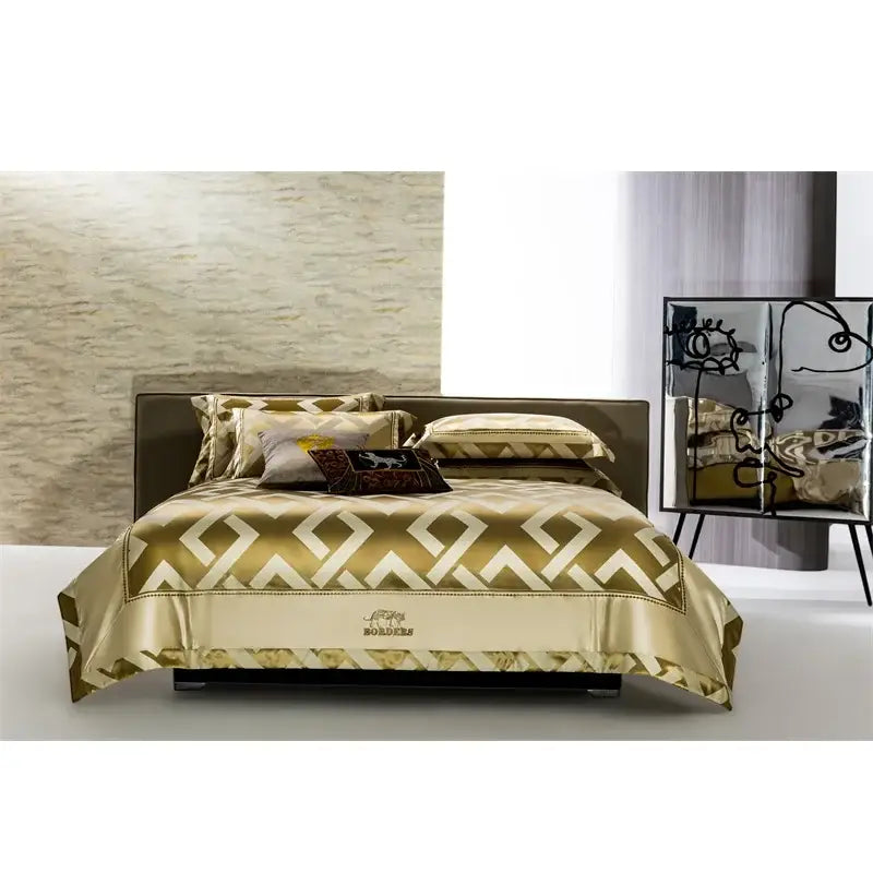 Gold and cream geometric-patterned satin duvet cover with embroidered bolders logo in egyptian cotton bedding set decorbites american jacquard