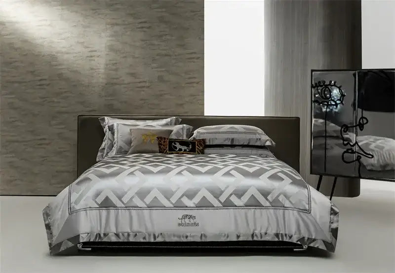 Silver satin duvet cover with geometric zigzag pattern and subtle embroidered logo in egyptian cotton bedding set decorbites american jacquard