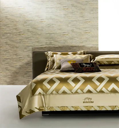 Gold and cream geometric-patterned satin duvet cover with embroidered bordels logo in egyptian cotton decorbites american jacquard bedding set