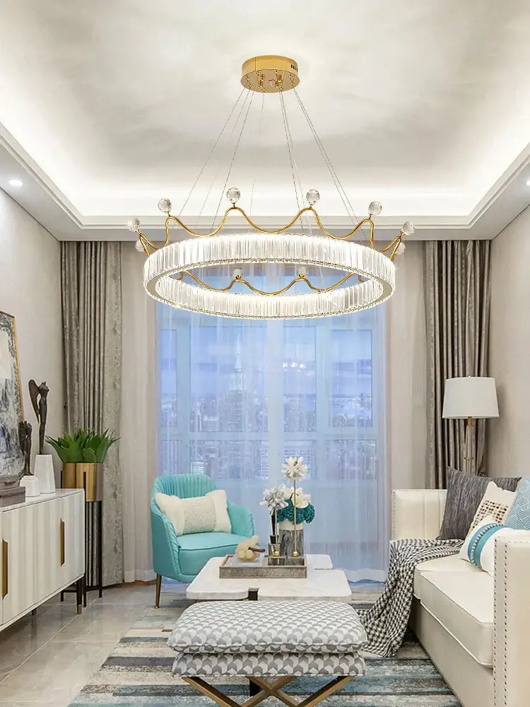 Gold crown crystal chandelier featuring crystal accents and circular petal ring design for bedroom decorbites crystal chandelier