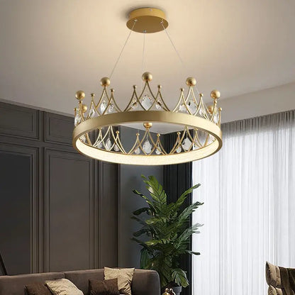 Gold-toned crown crystal chandelier pendant light with clear crystal accents for elegant bedroom decorbites crown crystal design