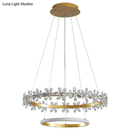 DecorBites™ nordic style crown crystal flower pendant light with clear crystal flowers and gold metal rings suspended