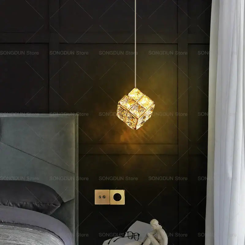 Gold crystal bedside chandelier wall light with faceted crystal cube pendant for modern bedroom decorbites crystal bedside