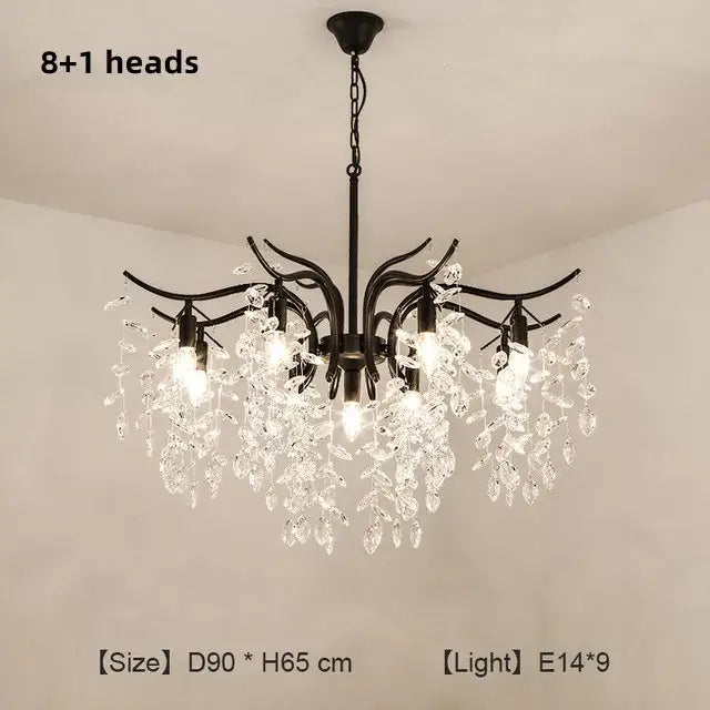 Black wrought iron decorbites crystal branch chandelier with eight illuminated crystal pendant lights for luxury living room decor
