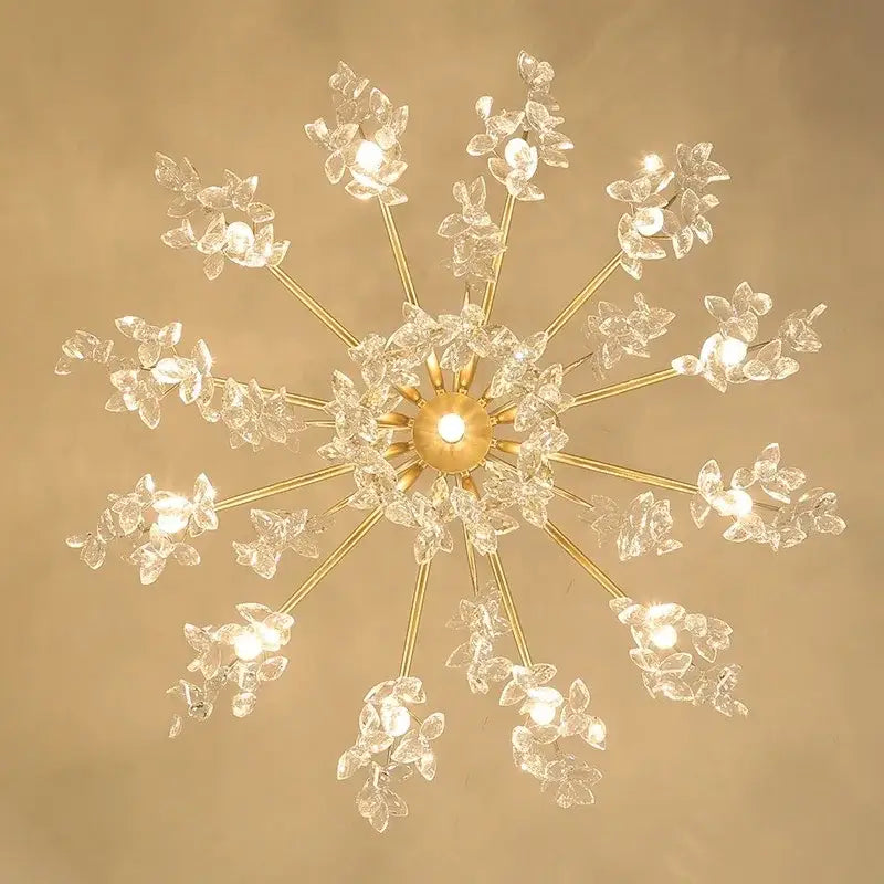 Gold crystal branch chandelier with delicate crystal flower clusters by decorbites for luxury living room lighting decor