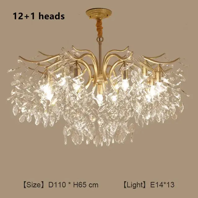 Gold crystal branch chandelier with 12 plus 1 crystal leaf arms and clear glass droplets for luxury living room decorbites crystal branch