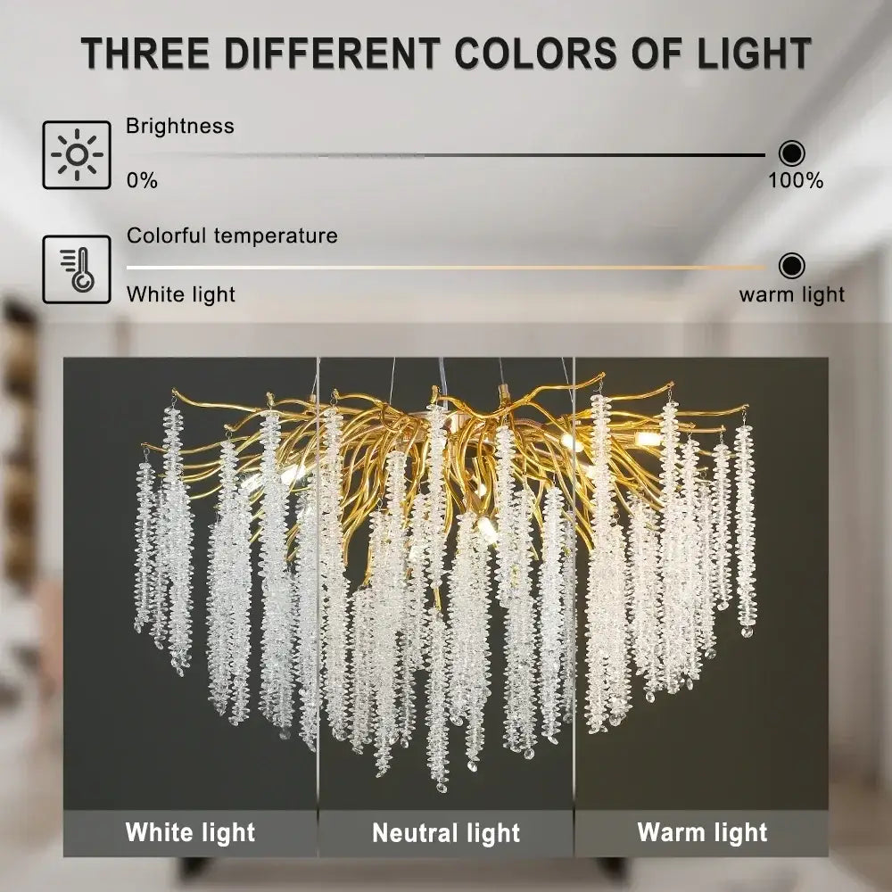 Gold crystal ceiling chandelier with cascading clear crystals and adjustable white neutral or warm lighting decorbites crystal ceiling