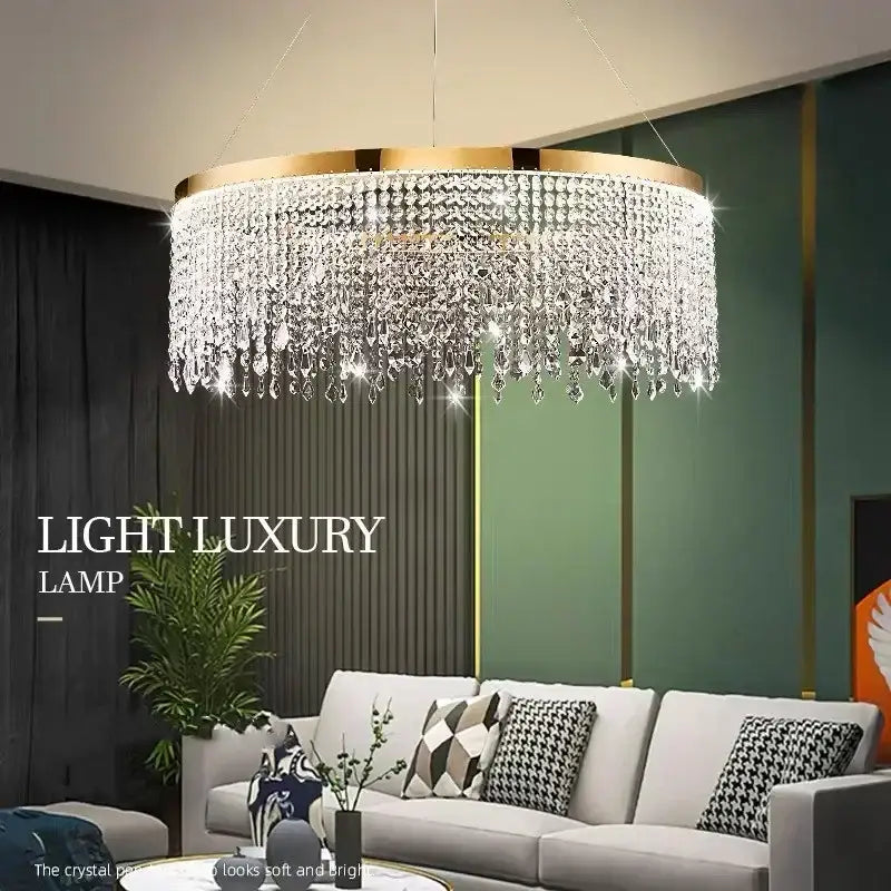 Gold crystal circle led chandelier with gold-toned frame and cascading crystal droplets for luxury decorbites crystal circle living room