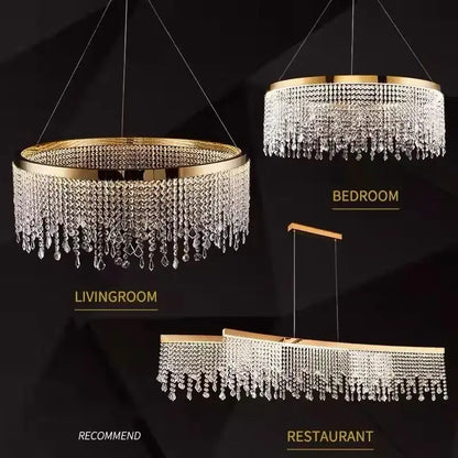 Gold crystal circle led chandelier with gold frame and cascading clear crystal droplets for luxury living room decorbites crystal circle