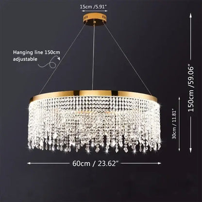 Gold crystal circle led chandelier with cascading clear crystal beads and adjustable hanging line for luxury living room decorbites crystal circle