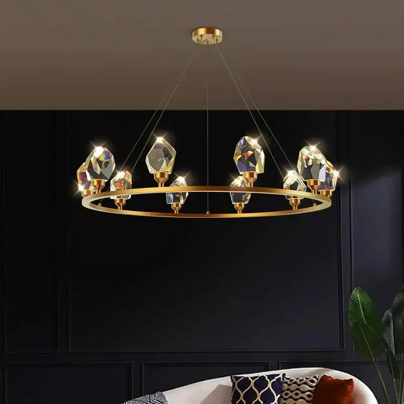 Gold-toned circular dining room chandelier pendant light with faceted crystal detail for decorbites dining room decorbites dining