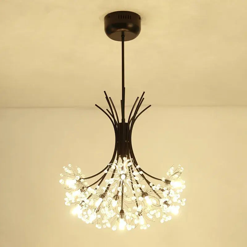 Black metal flower pendant chandelier with delicate crystal flower design and glowing white led lights for dining room decorbites crystal flower