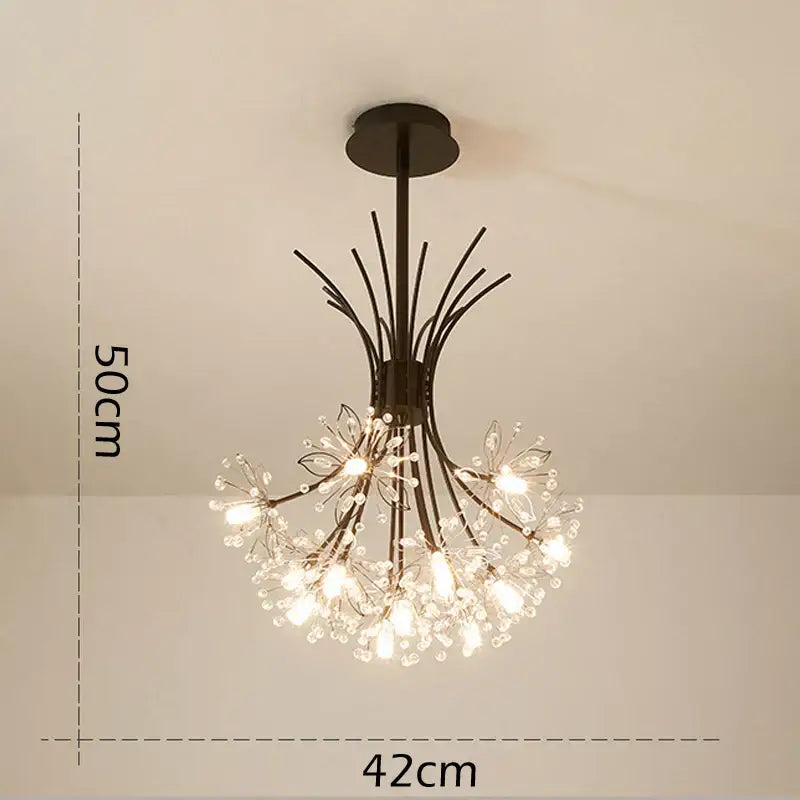 Black metal flower pendant chandelier with clear crystal bulbs emitting warm light decorbites crystal flower design