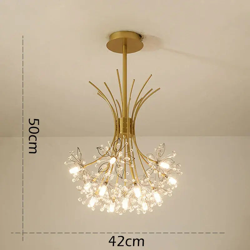 Gold crystal flower pendant chandelier with delicate crystal flower accents and slender metal frame for dining room decorbites
