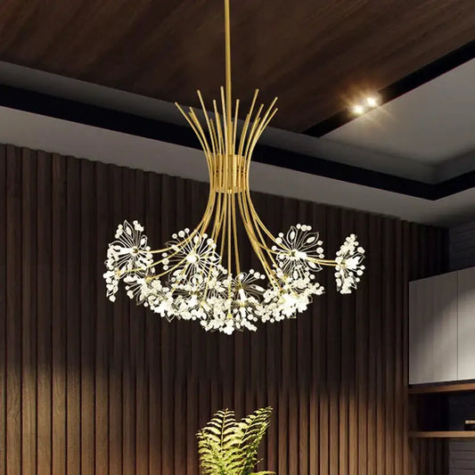 Gold crystal flower pendant chandelier with delicate dandelion floral design and sparkling white crystal accents for dining room decorbites crystal flower