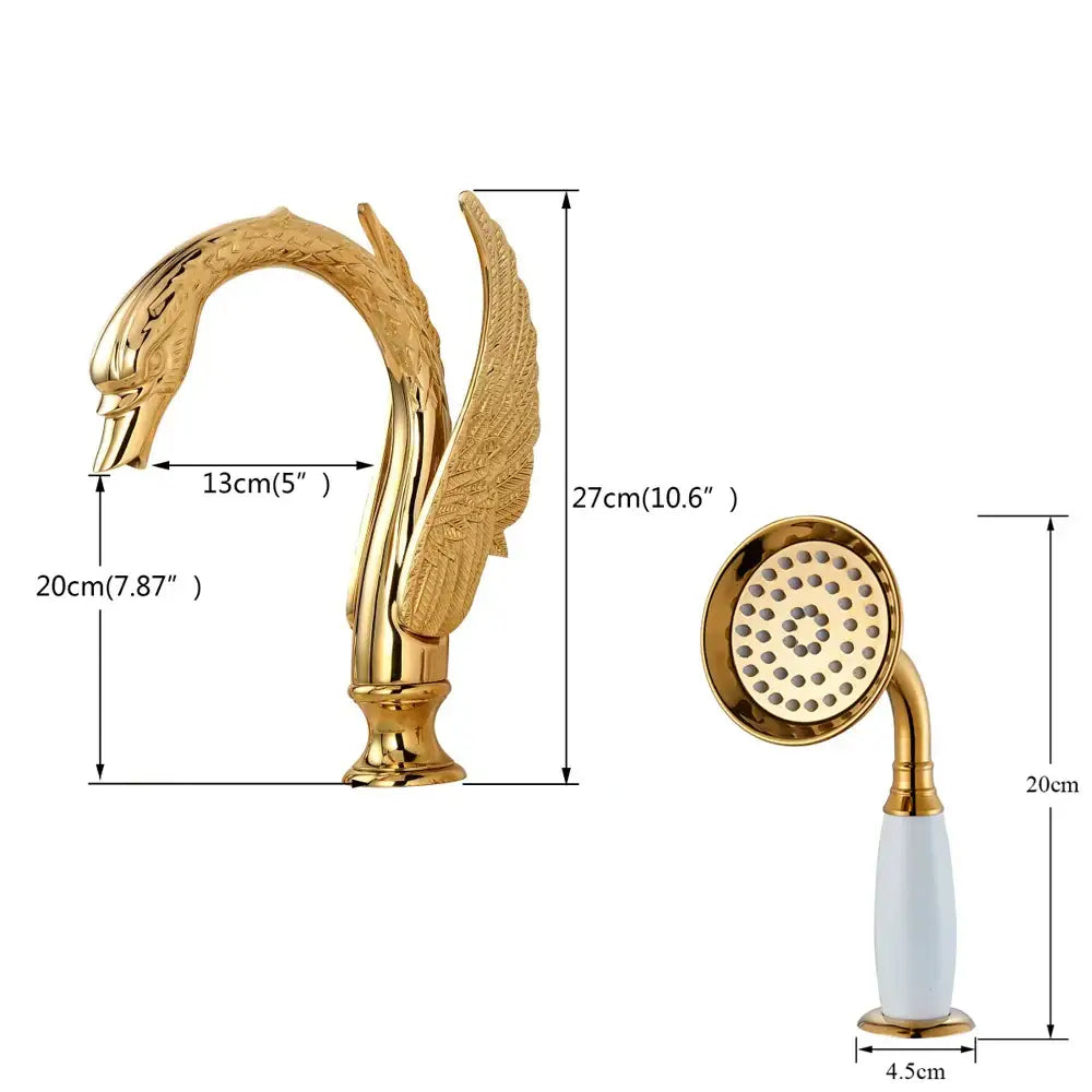 Gold crystal knob swan faucet with ornate wing detailing and matching handshower for bathroom decorbites crystal knob