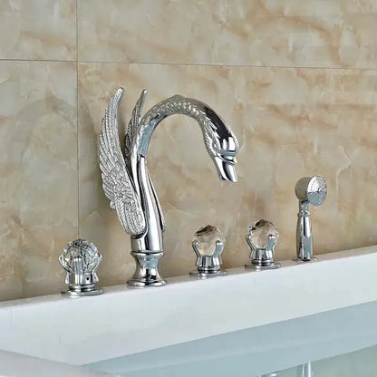Chrome finished crystal knob swan faucet with ornate wing detailing and decorbites crystal knob handles for bathroom tub mixer