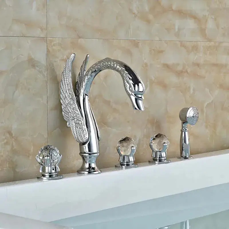 Chrome finished crystal knob swan faucet with ornate wing detailing and decorbites crystal knob handles for bathroom tub mixer