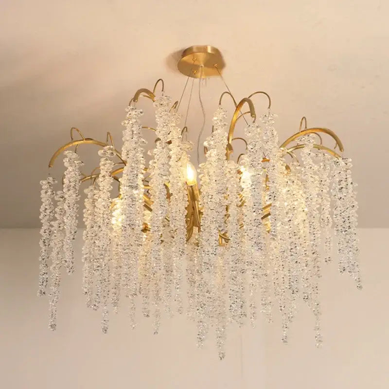 Gold crystal led chandeliers dining room pendant light with cascading clear crystal strands by decorbites crystal led