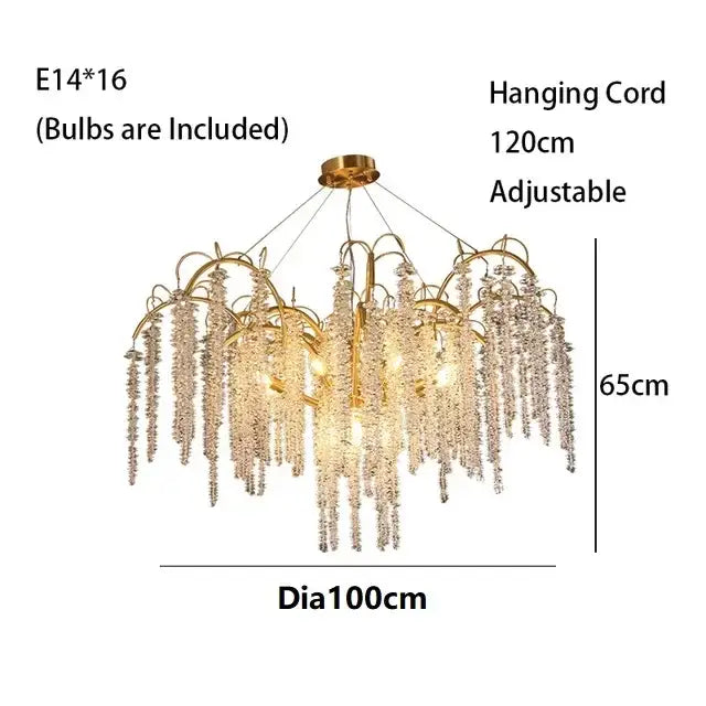 Gold crystal led chandeliers dining room pendant light with gold-toned brass fixture and cascading crystal strands by decorbites crystal led
