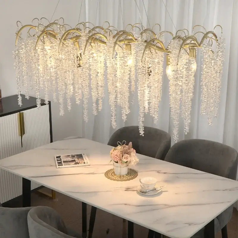 Gold-toned crystal led chandelier with cascading droplets for dining room decorbites crystal led pendant light