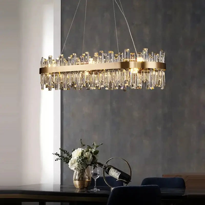 Gold crystal led oval chandelier dining room pendant light with gold-toned metal frame and hanging crystal glass rods decorbites crystal led