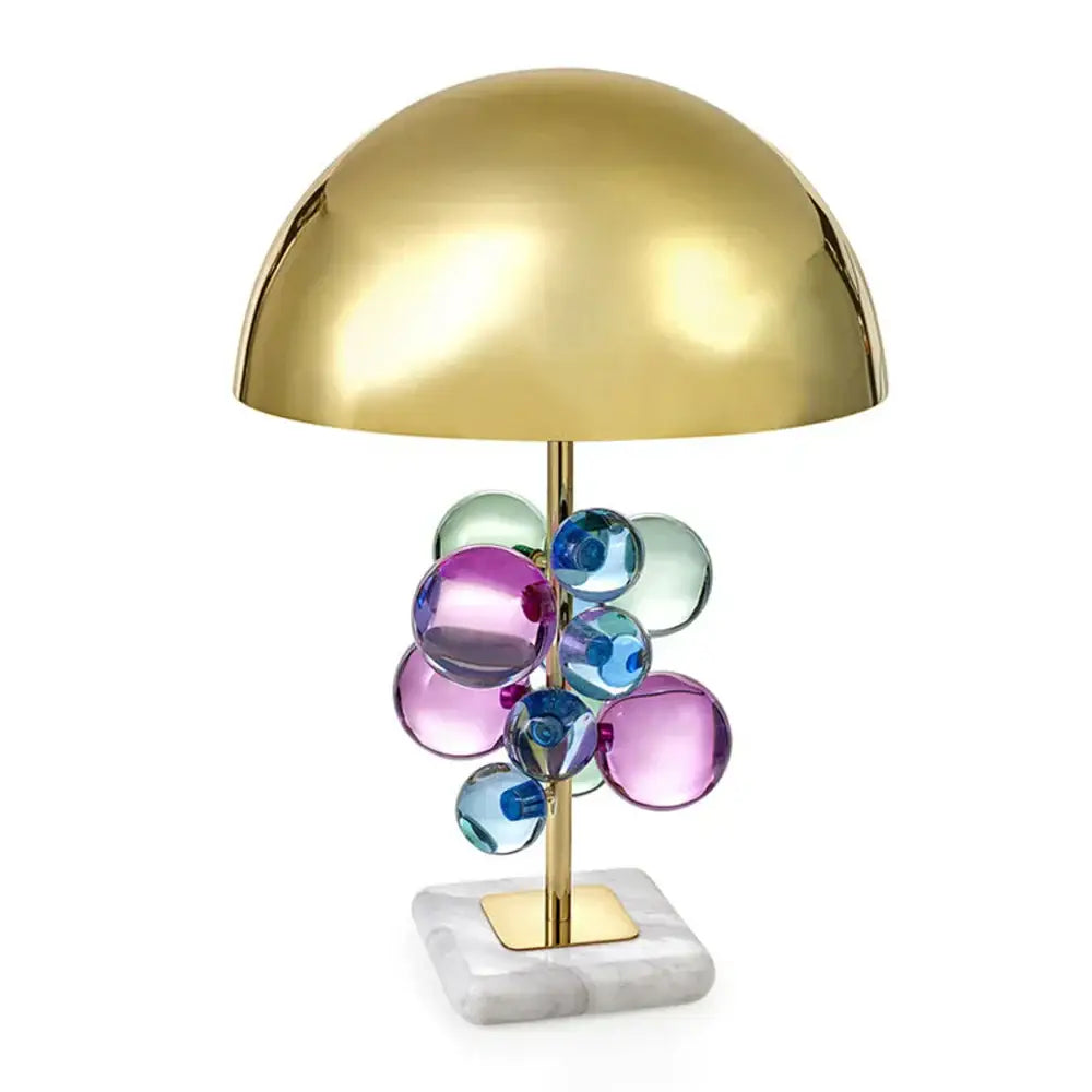 Gold crystal marble bubble table lamp with a gold dome and colorful glass orbs on a marble base for bedroom decor