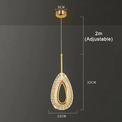 Gold-toned teardrop led pendant light with mesh design and embedded crystals for luxury dining room chandelier