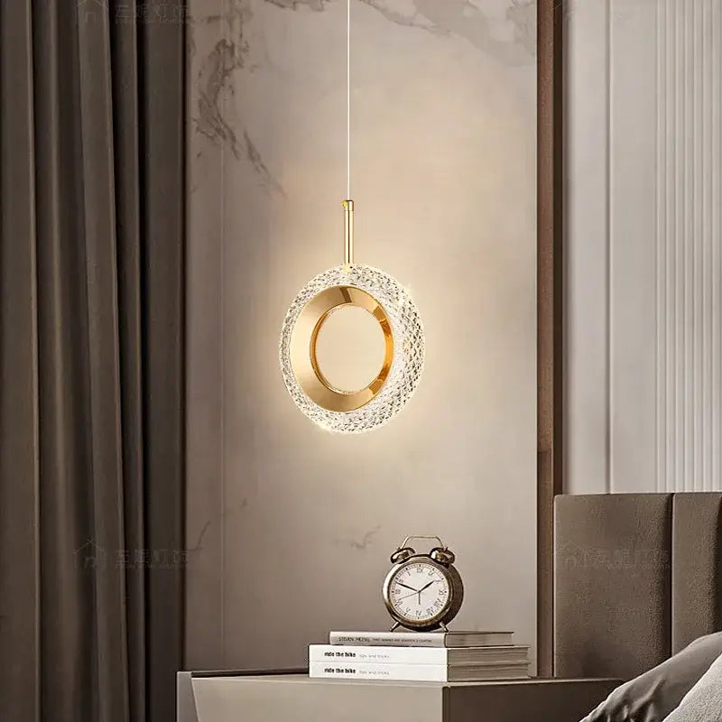 Gold crystal ring led pendant light with gold metallic frame and crystal encrusted outer ring for luxury dining room chandelier