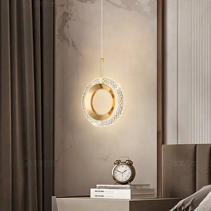 Gold crystal ring led pendant light with gold metallic frame and crystal encrusted outer ring for luxury dining room chandelier