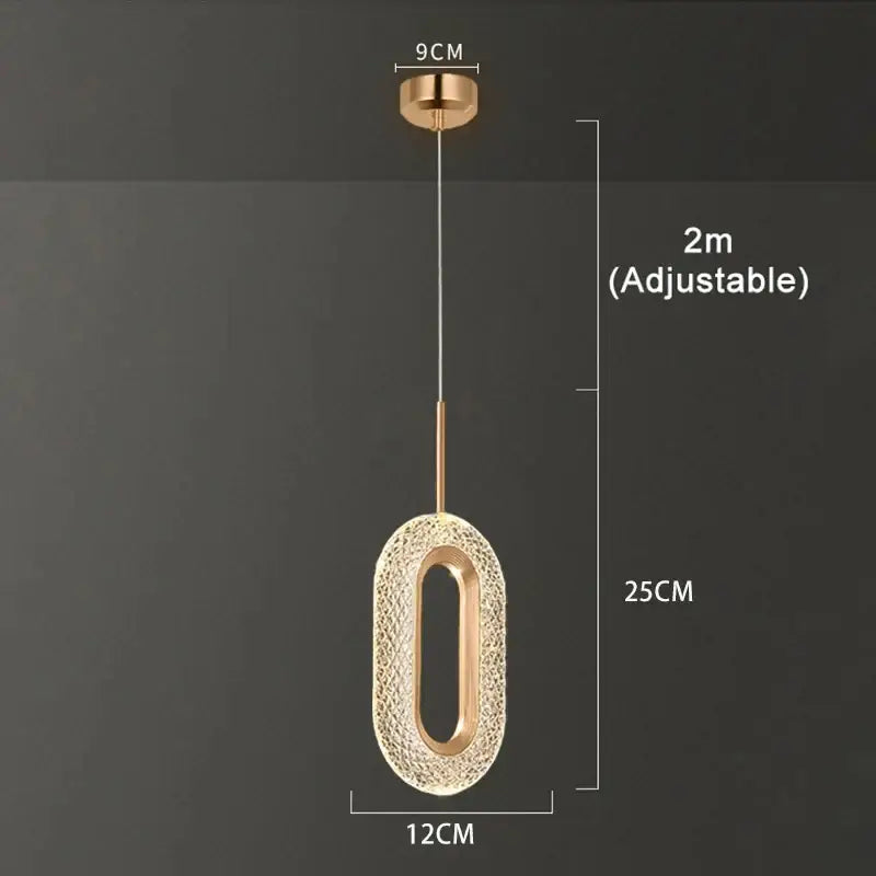 Gold-toned oval led pendant light with textured mesh design and adjustable 2-meter hanging length for dining room chandelier