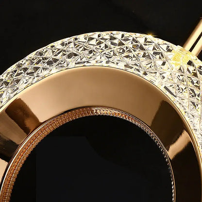 Gold-toned circular mirror with faceted crystal border and beaded detailing for luxury led pendant light chandelier