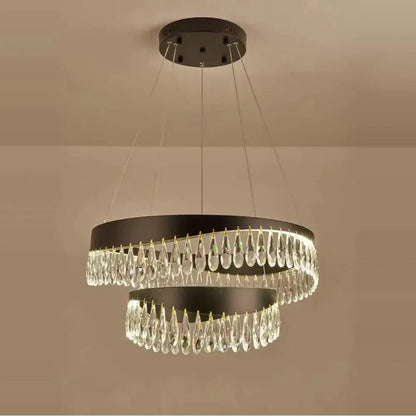 Modern black metal chandelier with two concentric rings and clear teardrop pendants decorbites crystal stainless steel