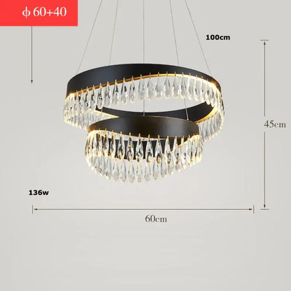Modern black and gold double-ring chandelier with dangling crystal teardrops made of crystal stainless steel for decorbites