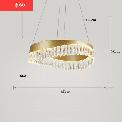 Gold crystal stainless steel chandelier with gold-toned circular frame and dangling crystal droplets by decorbites