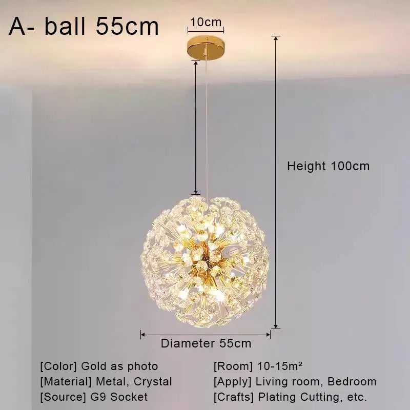 Gold-plated spherical pendant chandelier with crystal accents and 55cm diameter for living room decorbites crystal led ceiling