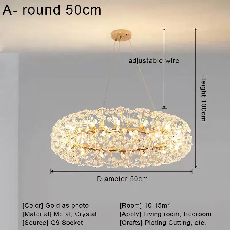 Gold-plated pendant chandelier with crystal dandelion embellishments and adjustable wire for decorbites crystal led ceiling decor