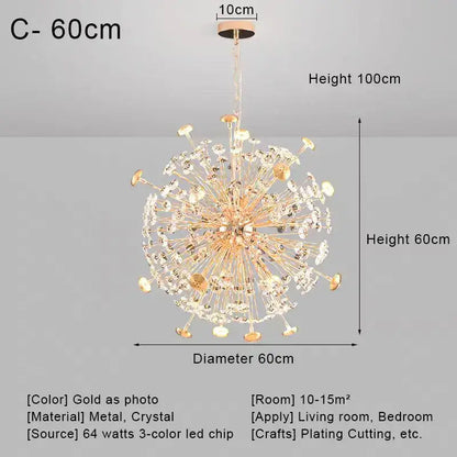 Gold dandelion crystal led pendant chandelier with gold-plated metal and spherical design for living room decorbites crystal led ceiling