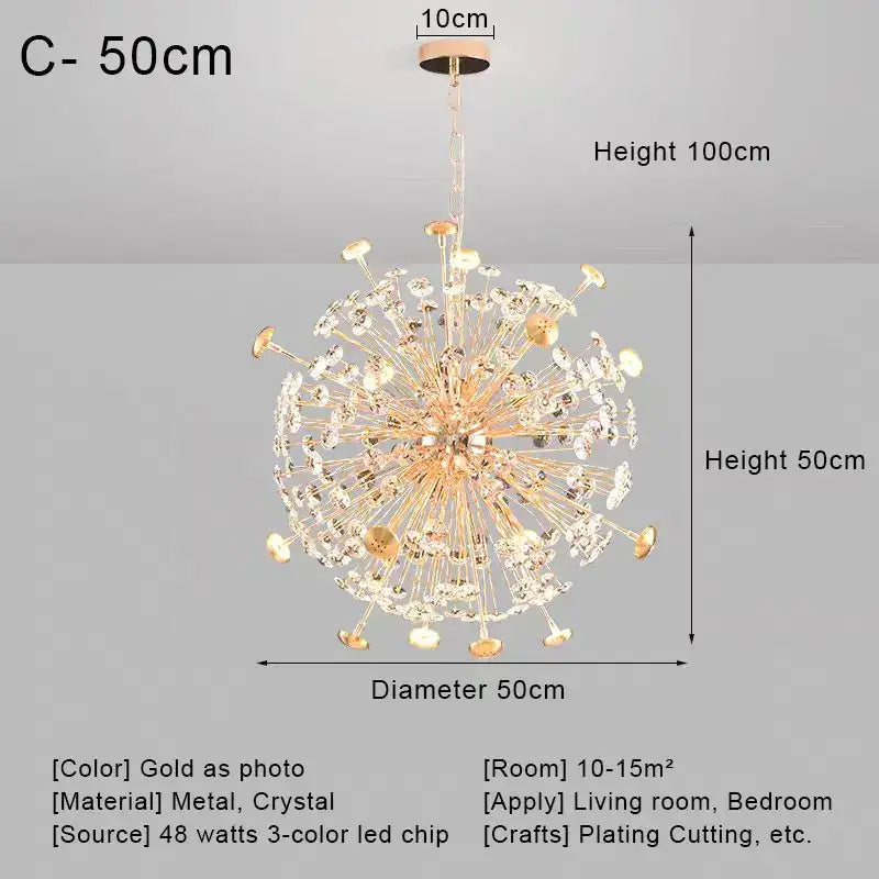 Gold dandelion crystal led pendant chandelier featuring gold-plated metal and spherical design for living room decorbites crystal led ceiling