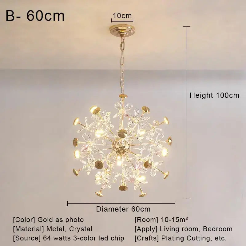 Gold dandelion crystal led pendant chandelier with gold-toned flower arms and 3-color led lighting for living room decorbites crystal led ceiling