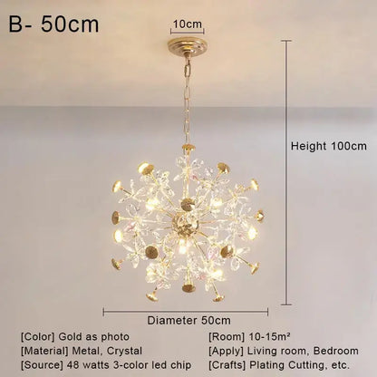 Gold dandelion crystal led pendant chandelier with gold-toned flower arms and 48-watt led lighting for living room decorbites crystal led ceiling