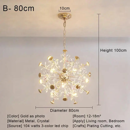 Gold-toned pendant chandelier with crystal flower design and 104-watt decorbites crystal led ceiling lighting for living room