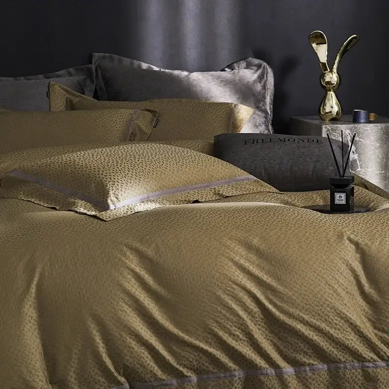 Gold and dark gray 100s egyptian cotton bedding set with subtle leopard print and silver trim by decorbites