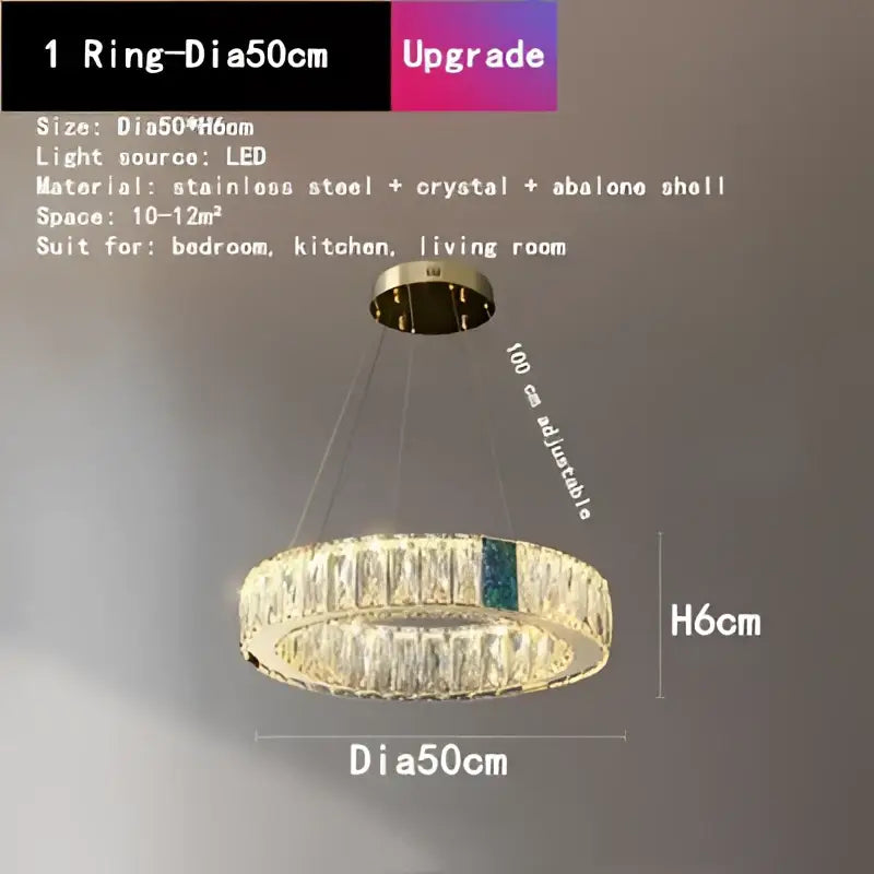Gold decorbites crystal round ceiling chandelier with stainless steel frame and abalone shell accents for dining room