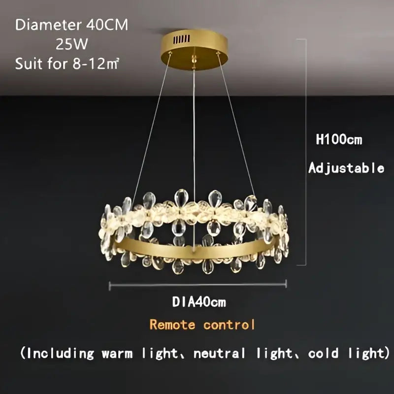 Gold double ring decorbites crystal led chandelier in gold tone with crystal accents and adjustable height for living room light