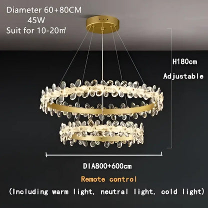 Gold-toned decorbites crystal led double-ring chandelier with adjustable height and crystal droplets for living room lighting
