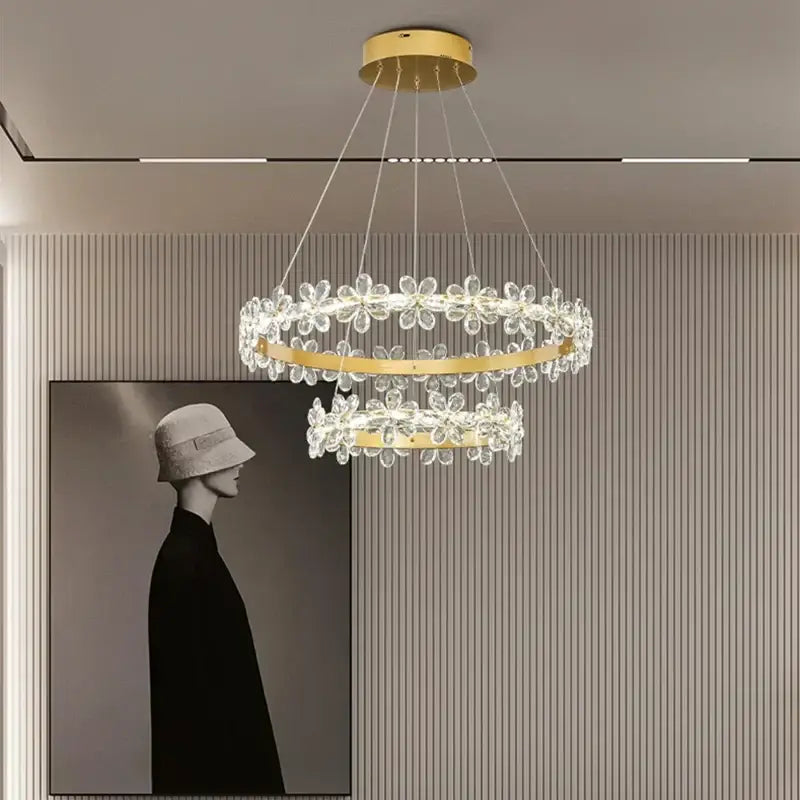 Gold double ring decorbites crystal led chandelier with gold metal frames and clear flower-shaped crystal pendants for living room light