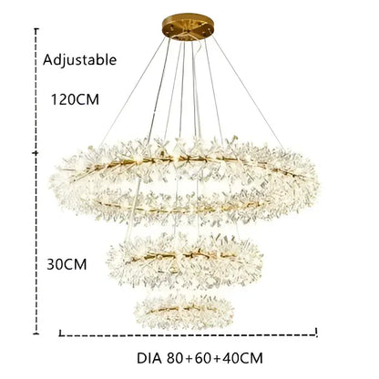 Gold double tiered crystal flower chandelier with three tiered rings of clear decorbites crystal flowers for dining room decor