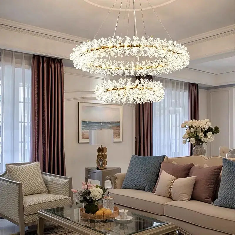 Gold double tiered crystal flower chandelier with gold frame and cascading clear crystals for dining room decorbites crystal flower
